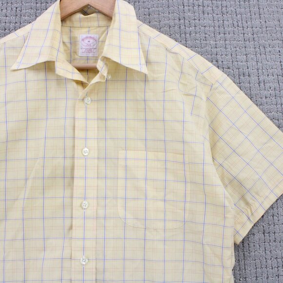 Brooks Brothers Shirt Mens Medium M Yellow Beige Plaid Button Down Short Sleeve - Picture 3 of 9